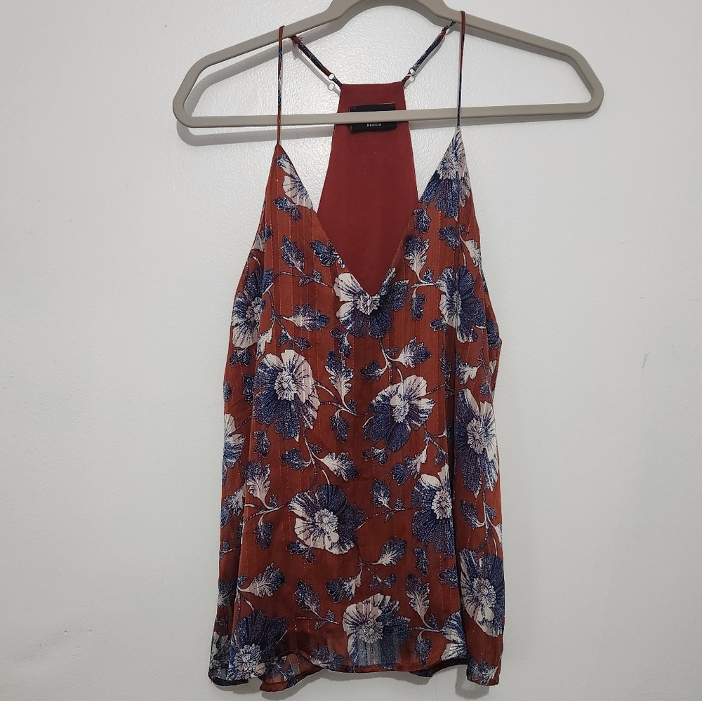 VICI spaghetti Strap V Neck Tank Top Blouse Copper Brown Floral Sparkly Medium